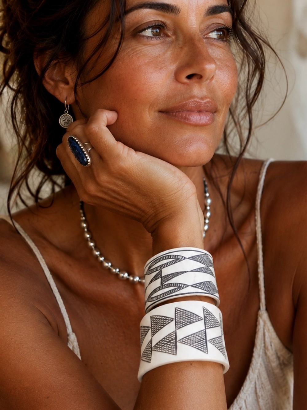 Hand-Painted White Geometric Cuff Bracelet - Women Jewelry